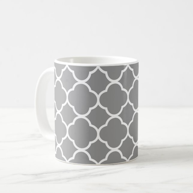Chic Grey & White Quatrefoil Coffee Tea Mug (Front Left)