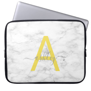 Chic Grey Yellow White Marble Script Name Monogram Laptop Sleeve