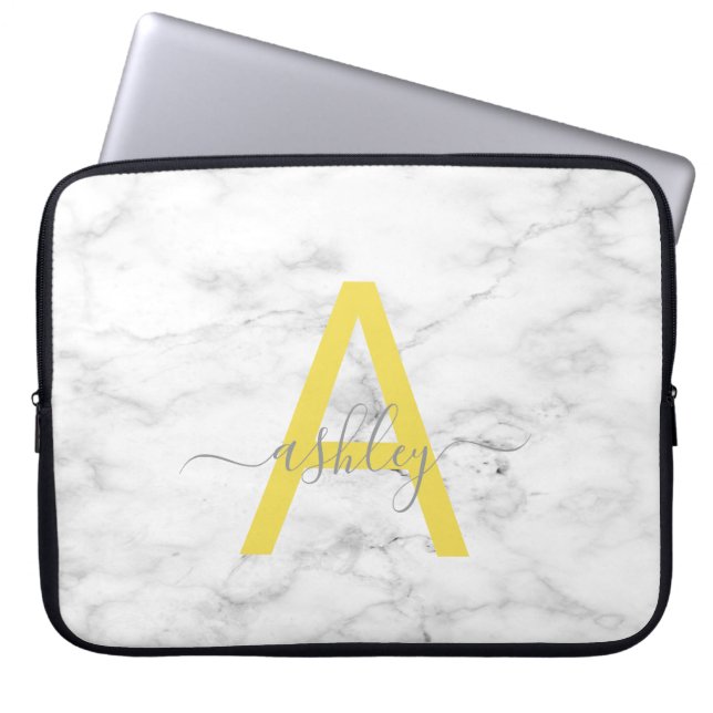 Chic Grey Yellow White Marble Script Name Monogram Laptop Sleeve (Front)