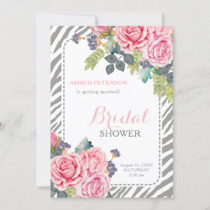 Chic Grey Zebra Print Pink Roses Bridal Shower Invitation