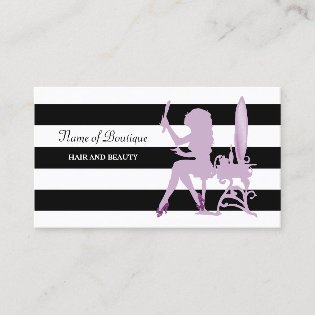 Chic Hair Salon Purple Glitz Girl Black Stripes Business Card (Front)