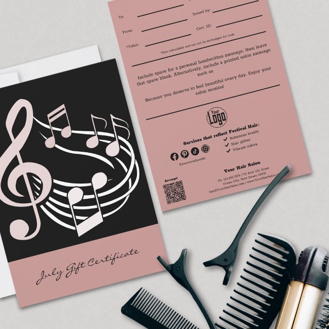 Chic Hairstylist Pink July Gift Certificate (Chic Hairstylist Pink July Gift Certificate, Logo, QR Code, Professional Tracking)
