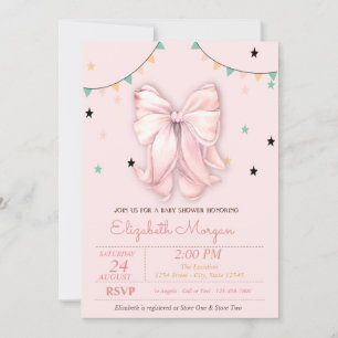Chic Hand Drawing Pink Bow Stars Baby Shower  Invitation