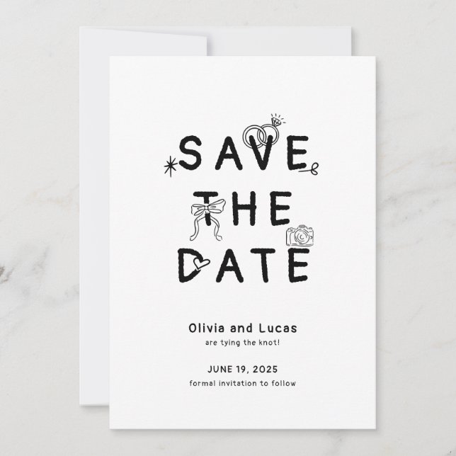Chic Hand Drawn Black and White Wedding Save The Date (Front)