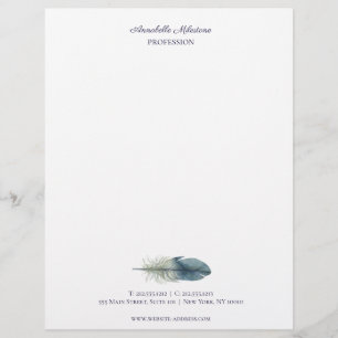 Chic Hand drawn blue grey watercolor feather V2 Customised Letterhead