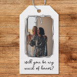 Chic Hand Drawn Bow Maid of Honour Proposal Photo Gift Tags<br><div class="desc">Add a personal touch to your maid of honour proposal with this elegant, customisable gift tag. Featuring a stylish black-and-white design with a chic bow detail, this tag allows you to upload your own photo and ask your bridesmaid in a truly unique way. Whether you’re attaching it to a thoughtful...</div>
