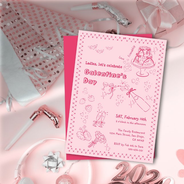 Chic Hand Drawn Champagne Galentine's Day Party Invitation (Chic Hand Drawn Champagne Galentine's Day Party)