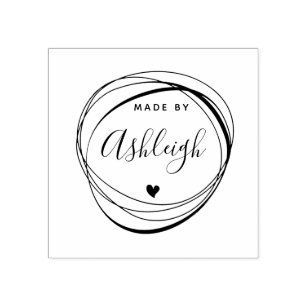 Chic Hand Drawn Circle & Heart Made By Custom Name Rubber Stamp