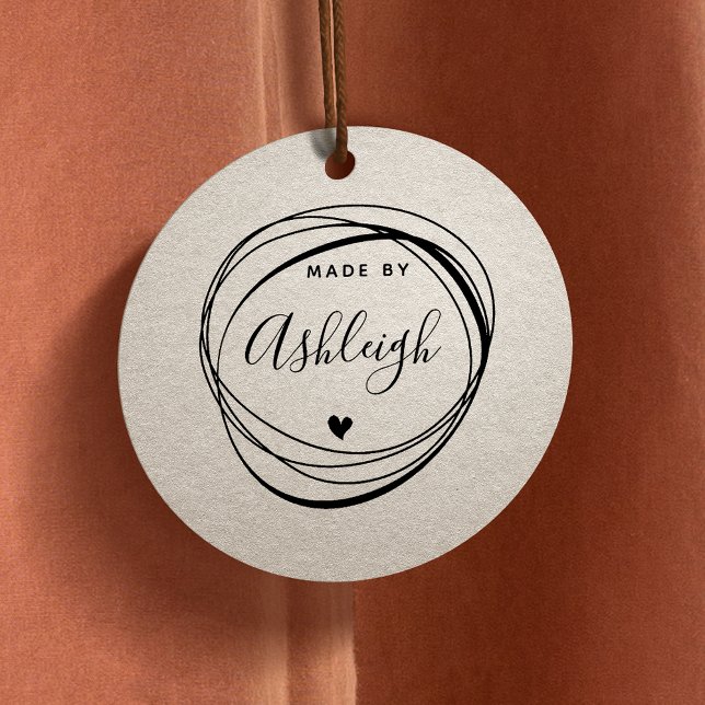 Chic Hand Drawn Circle & Heart Made By Custom Name Rubber Stamp (Creator Uploaded)