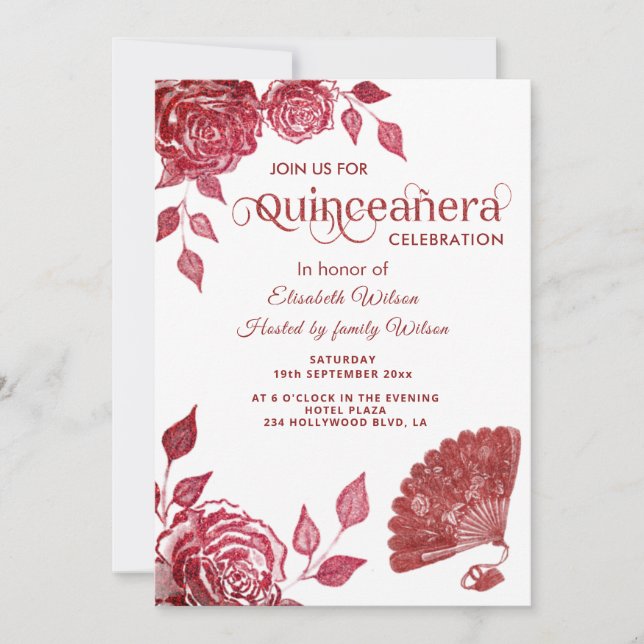 Chic hand fan romantic red roses  Quinceañera Invitation (Front)