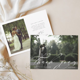 Chic Hand Lettered 2 Photo Wedding Thank You Card