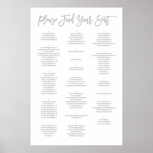 Chic Hand Lettered Alphabetical Seating Chart (Front)
