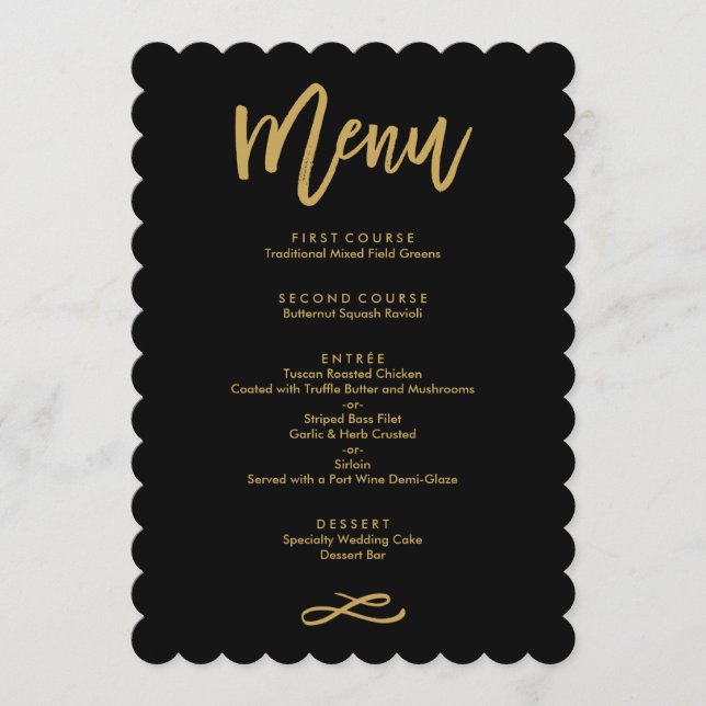Chic Hand Lettered Gold and Black Wedding Menu (Front)