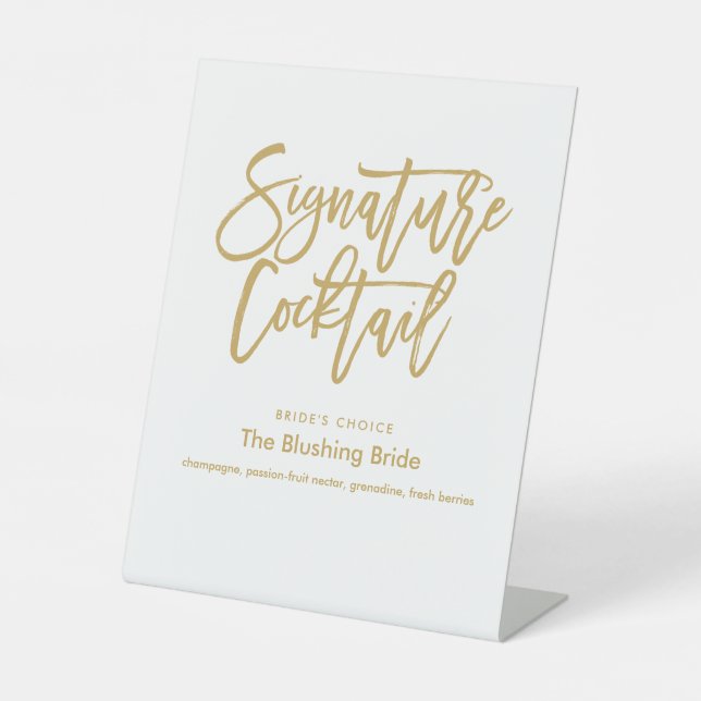 Chic Hand Lettered Gold Signature Cocktail Menu Pe Pedestal Sign (Front)