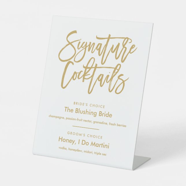 Chic Hand Lettered Gold Signature Cocktails Menu Pedestal Sign (Front)