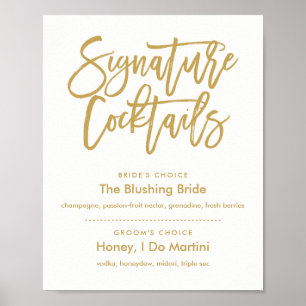 Chic Hand Lettered Gold Signature Cocktails Menu Poster