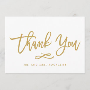 Chic Hand Lettered Gold Thank You Flat Card