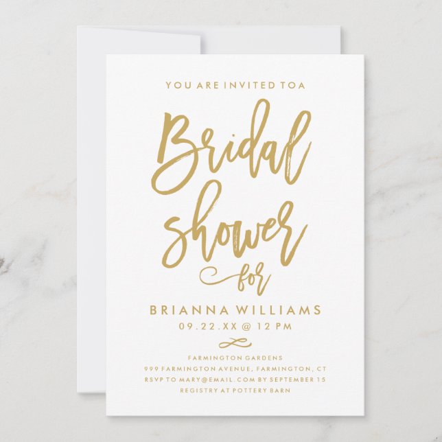 Chic Hand Lettered Gold Wedding Bridal Shower Invitation (Front)