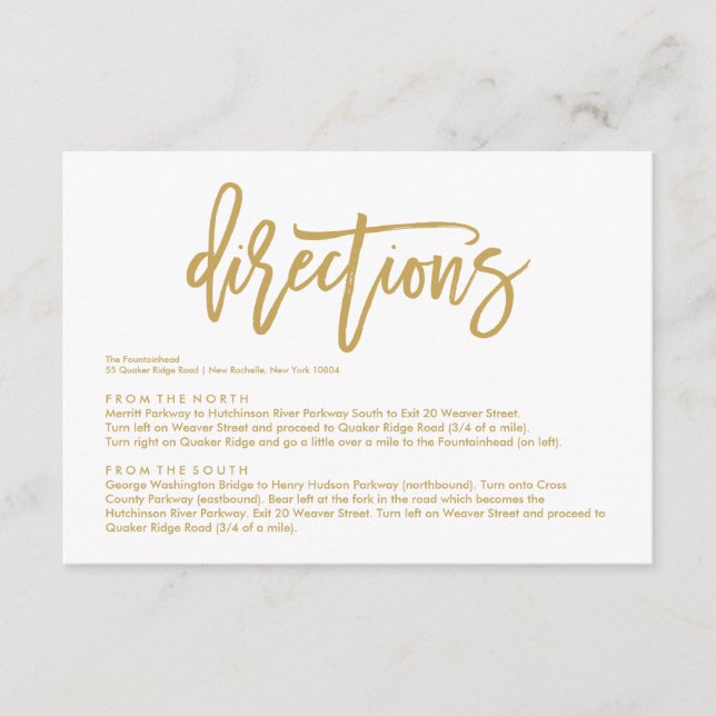 Chic Hand Lettered Gold Wedding Directions Card (Front)