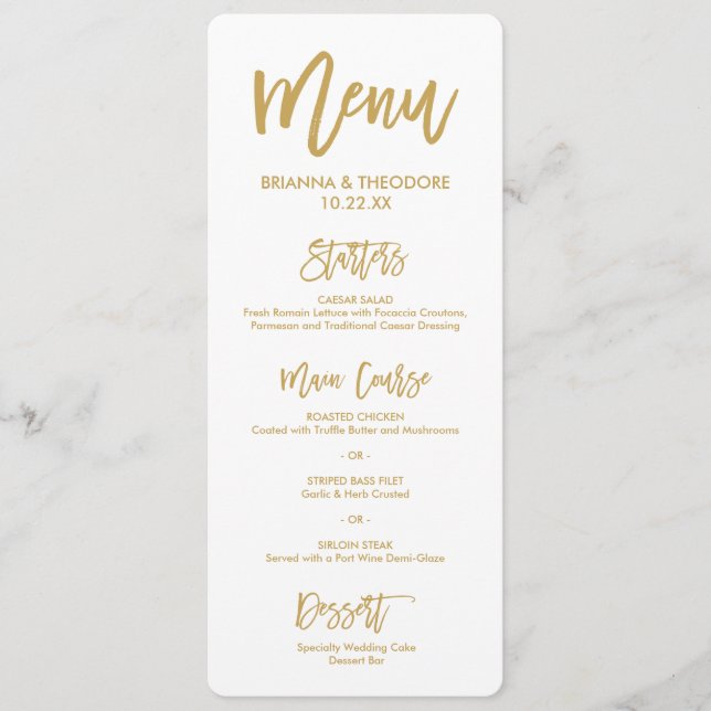 Chic Hand Lettered Gold Wedding Menu (Front)