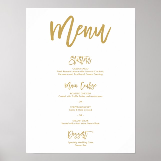 Chic Hand Lettered Gold Wedding Menu Poster (Front)