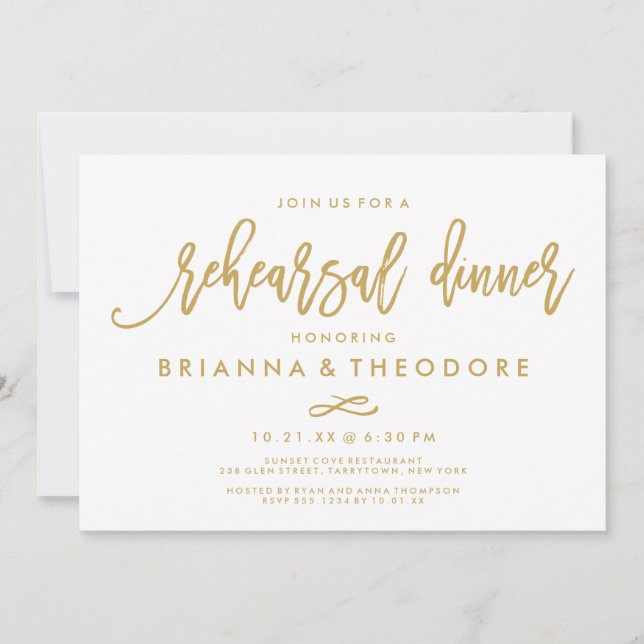 Chic Hand Lettered Gold Wedding Rehearsal Dinner Invitation (Front)