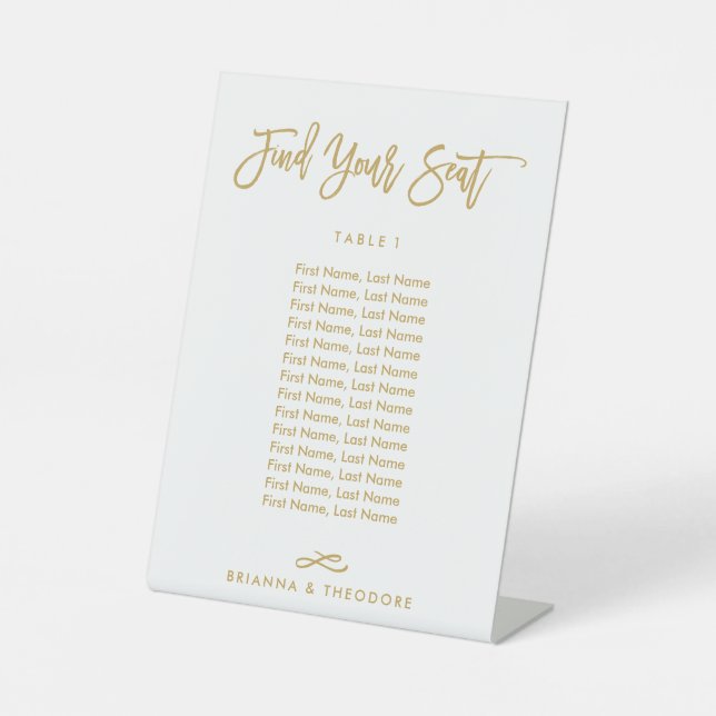 Chic Hand Lettered Individual Seating Chart Gold Pedestal Sign (Front)