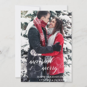 Chic Hand Lettered Married Merry Photo Holiday Card
