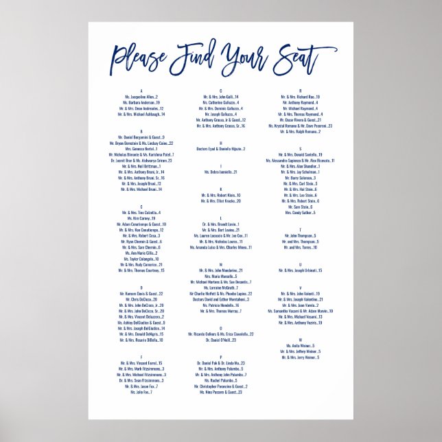 Chic Hand Lettered Navy Alphabetical Seating Chart (Front)
