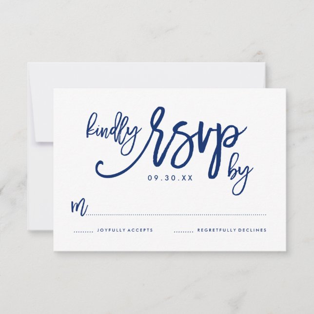 Chic Hand Lettered Navy Wedding RSVP Card (Front)