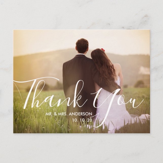 Chic Hand Lettered Photo Wedding Thank You Postcard (Front)