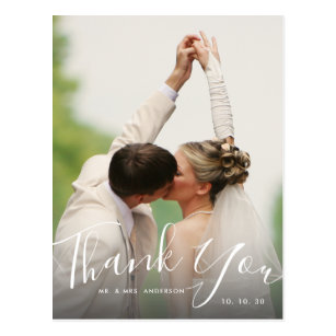 Chic Hand Lettered Script Photo Wedding Thank You Postcard