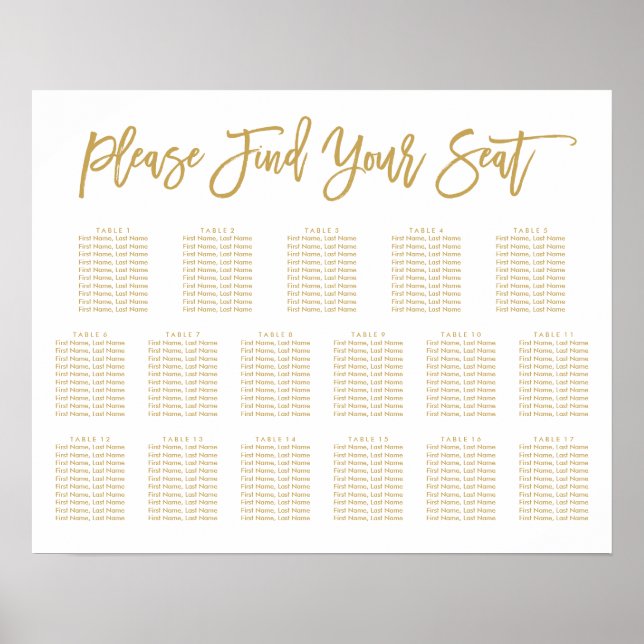 Chic Hand Lettered Seating Chart Gold 17 tables (Front)