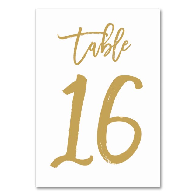 Chic Hand Lettered Table Number Gold | Table 16 (Front)