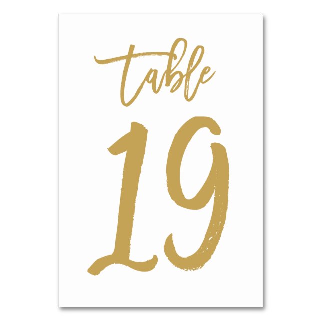 Chic Hand Lettered Table Number Gold | Table 19 (Front)