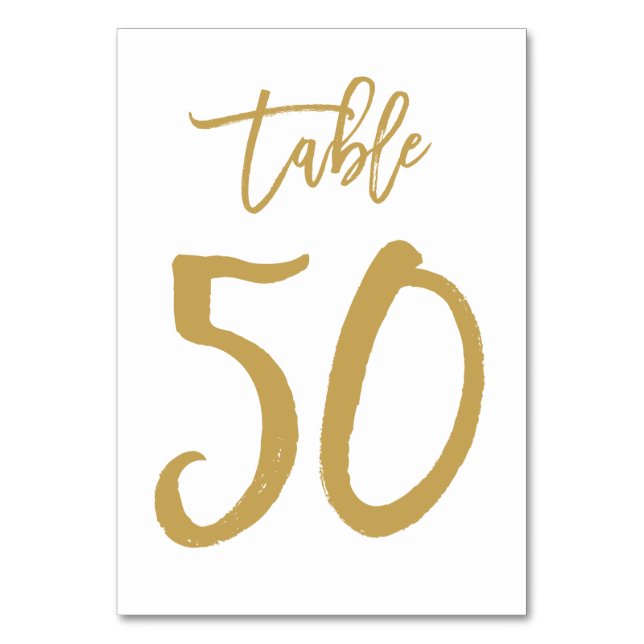 Chic Hand Lettered Table Number Gold | Table 50 (Front)