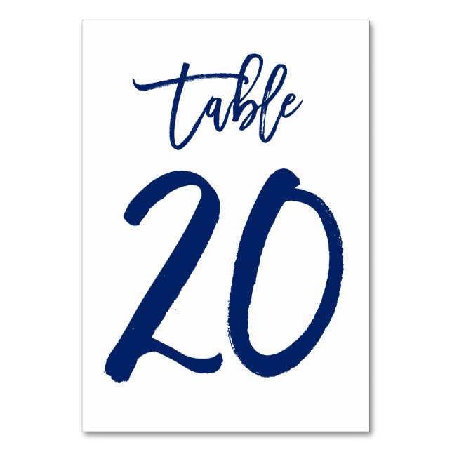 Chic Hand Lettered Table Number Navy | Table 20 (Front)
