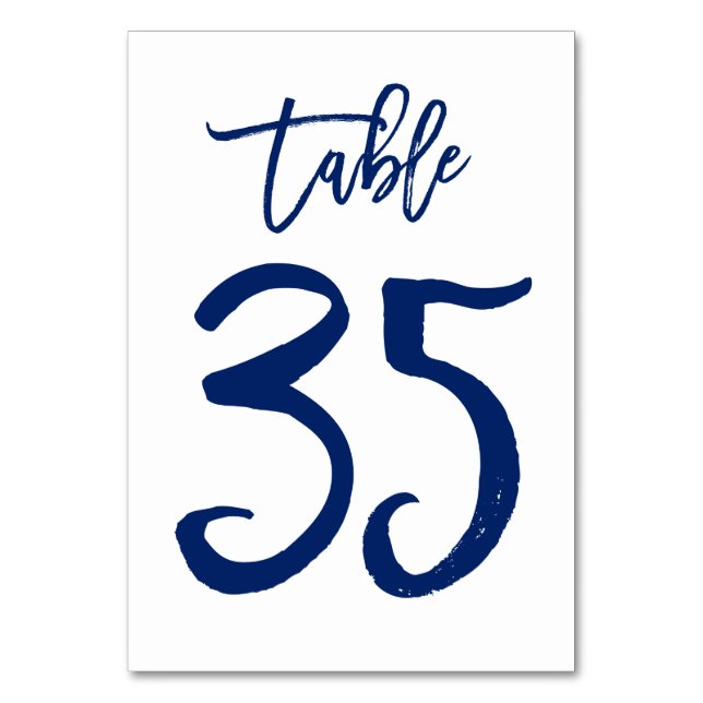 Chic Hand Lettered Table Number Navy | Table 35 (Front)