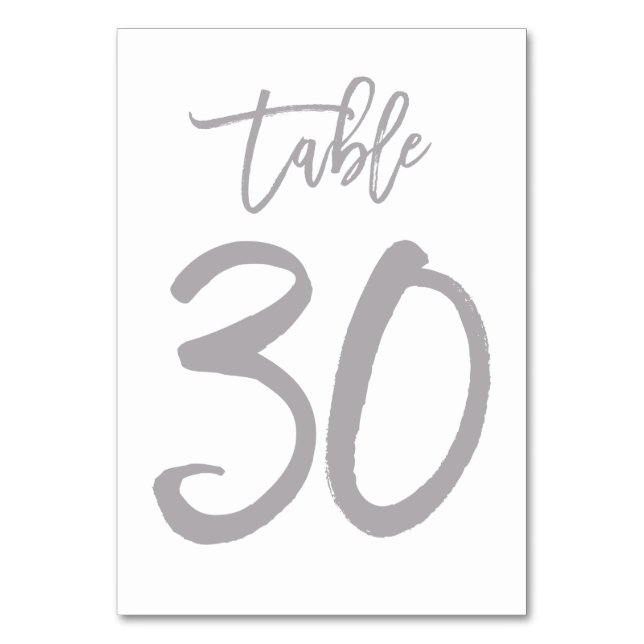 Chic Hand Lettered Table Number Silver | Table 30 (Front)