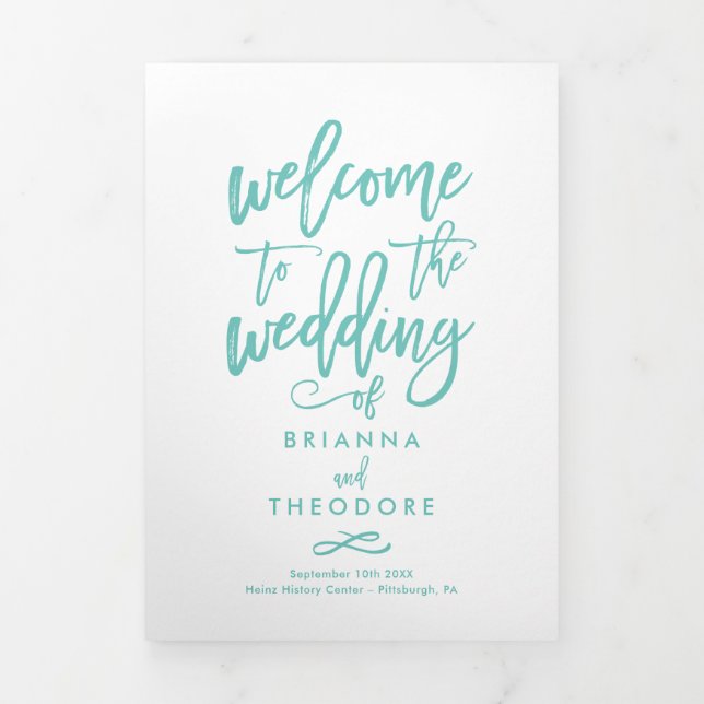 Chic Hand-Lettered Wedding Ceremony Photo Program Tri-Fold Programme (Cover)