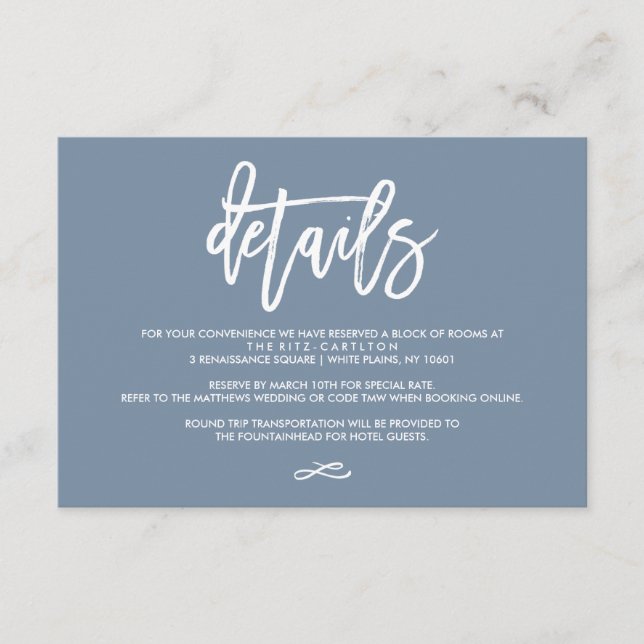 Chic Hand Lettered Wedding Details Dusty Blue Enclosure Card (Front)