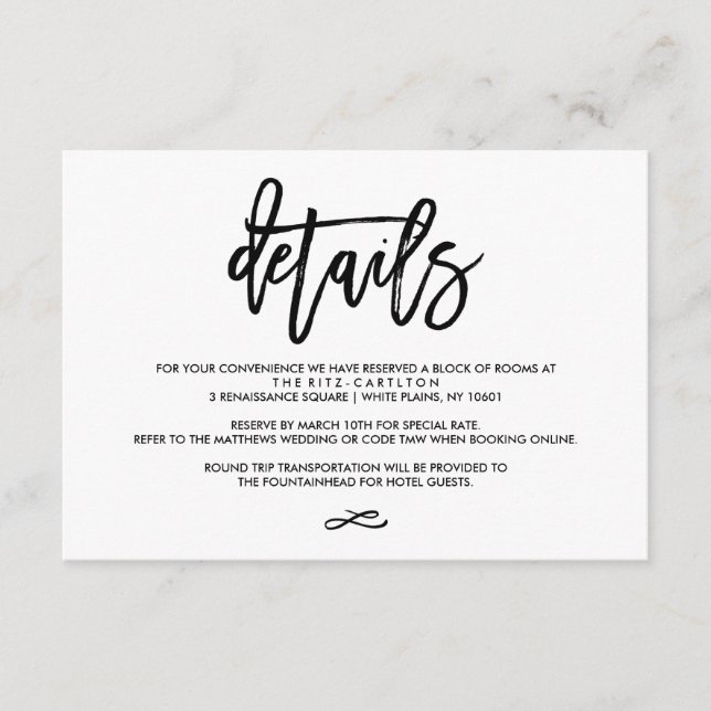 Chic Hand Lettered Wedding Details Enclosure Card (Front)