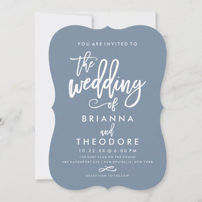 Chic Hand Lettered Wedding Invitation Dusty Blue (Front)