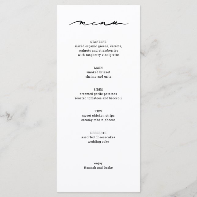 Chic Hand Lettered Wedding Reception Menu (Front)