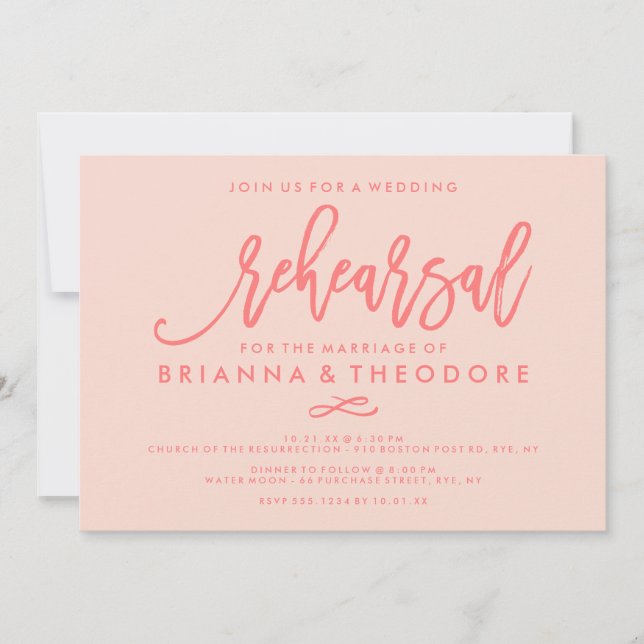 Chic Hand Lettered Wedding Rehearsal Coral Invitation (Front)