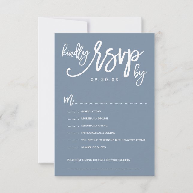 Chic Hand Lettered Wedding RSVP Dusty Blue Card (Front)