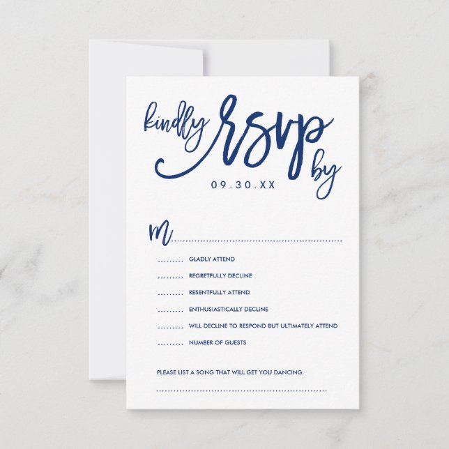 Chic Hand Lettered Wedding RSVP Options Card Navy (Front)