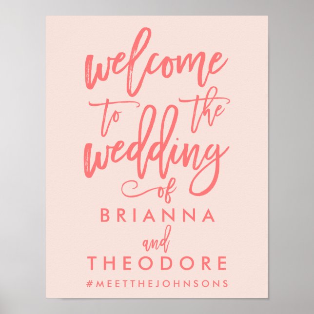 Chic Hand Lettered Wedding Welcome Sign Coral (Front)