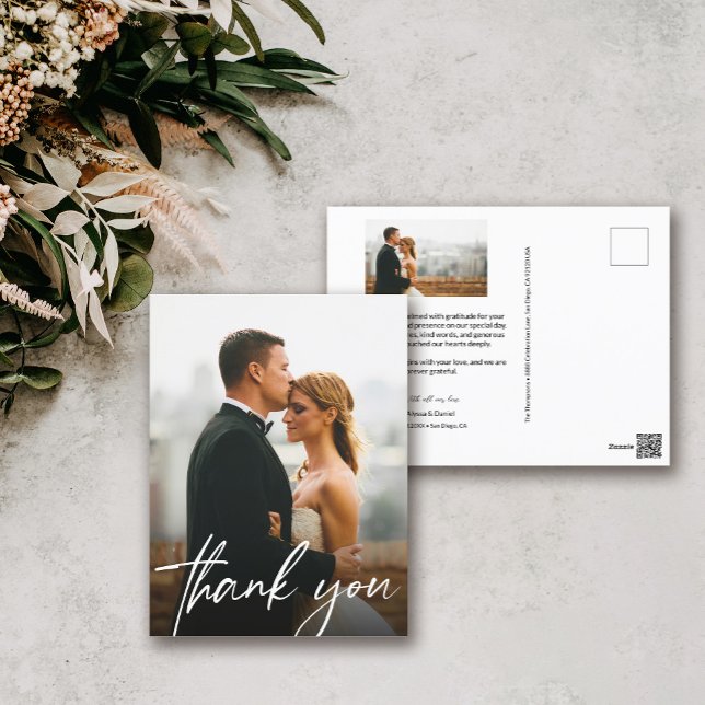 Chic handlettering photo wedding thank you postcard (Modern Wedding thank you postcards. 2 custom photos and personal message.)