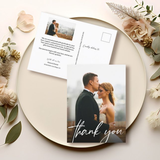 Chic handlettering photo wedding thank you postcard (Elegant and chic photo wedding thank you postcards.)